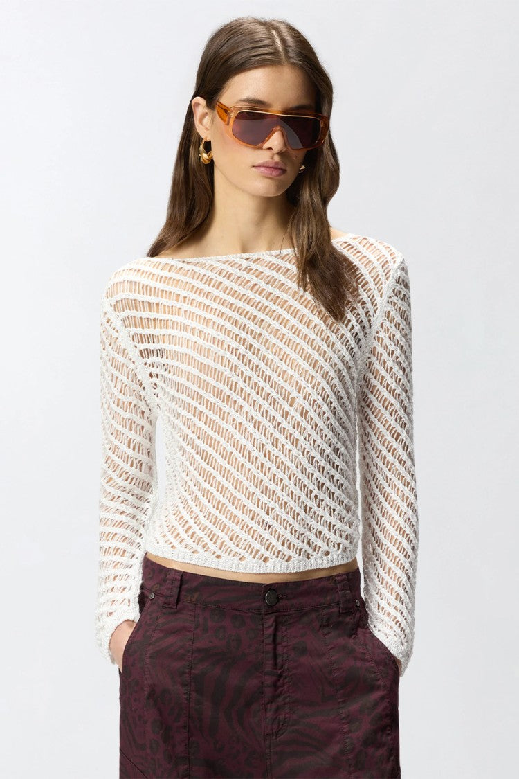 Pinko White Ribbed-Knit Boat-Neck Sweater