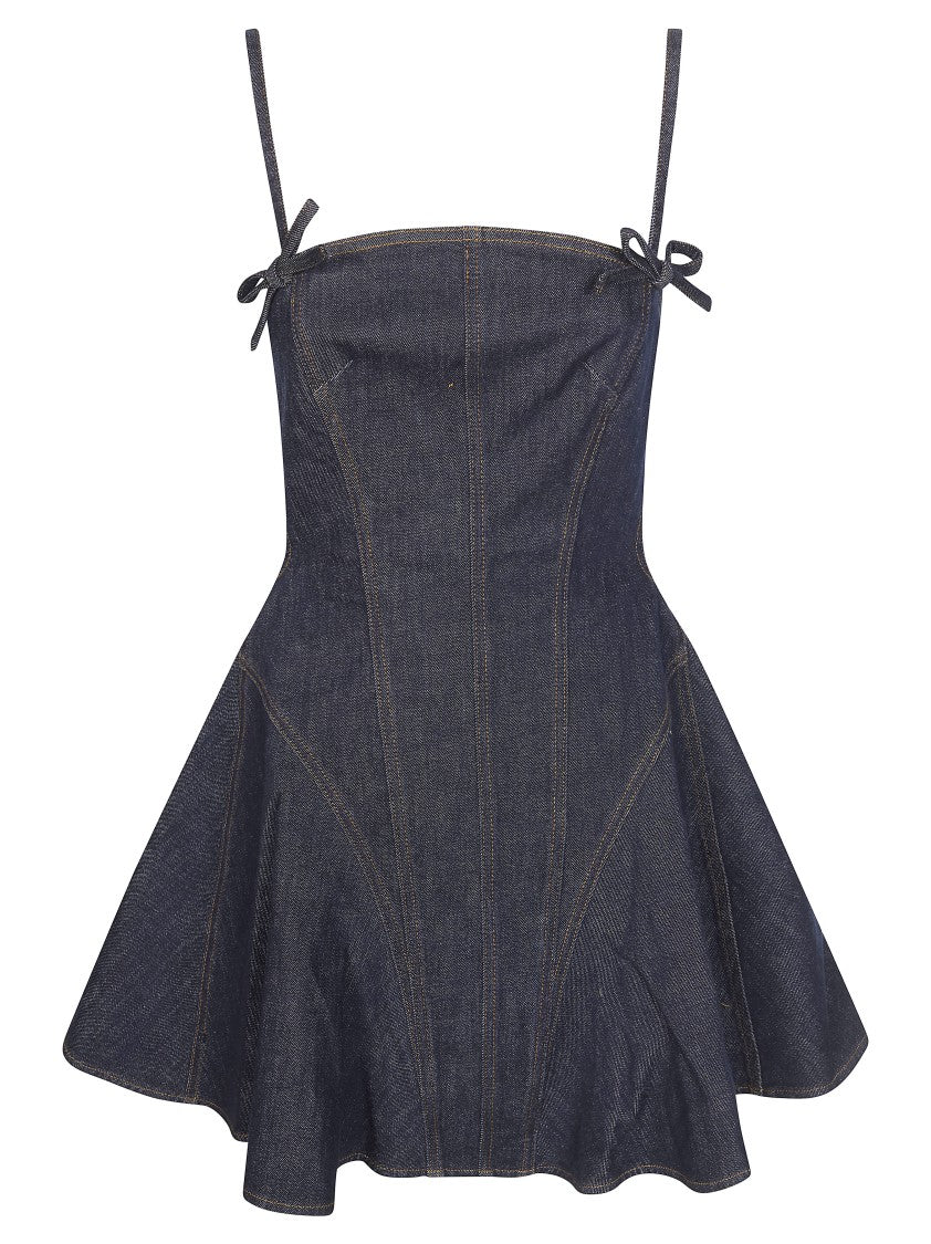 Self-Portrait Dark Denim Bow Tie Shoulder Dress