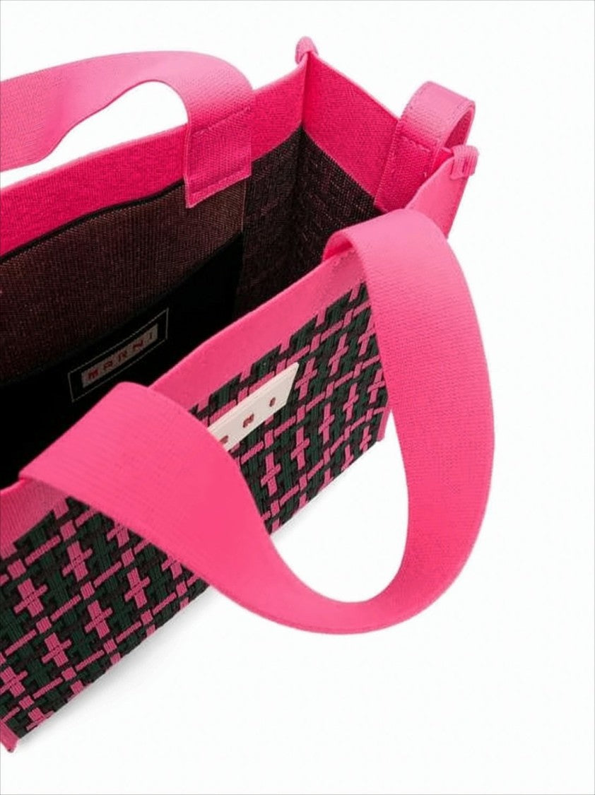 Marni Woven Rectangular Tote Bag With Pink Handles And Detachable Strap