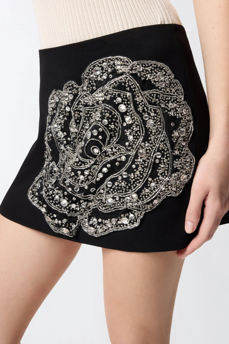 Pinko Black Cavolfiore Crystal Rose Applique Viscose-Blend Mini Skirt