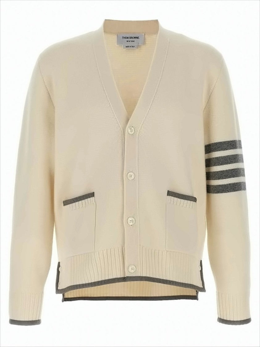 Thom Browne Soft Wool Knit Cardigan With V-Neck And Contrasting Details