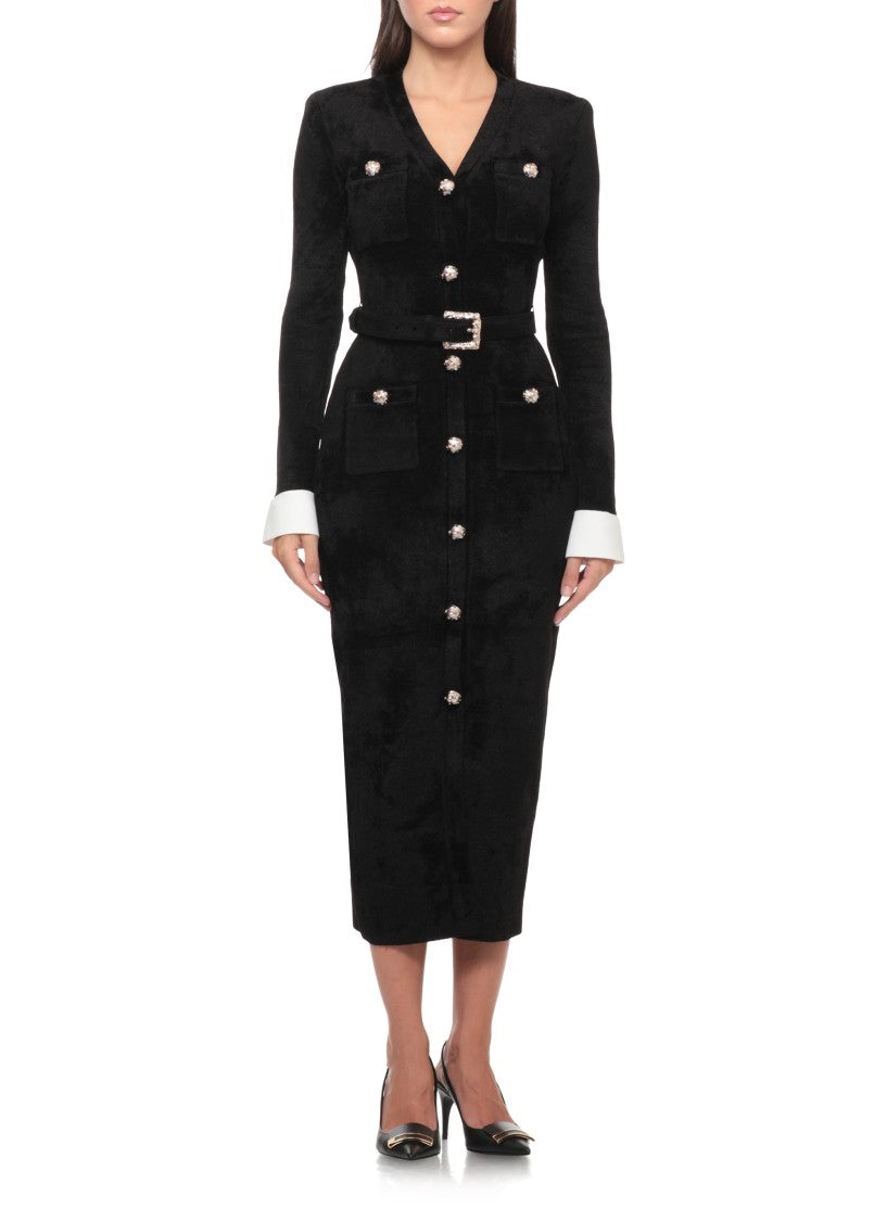 Self-Portrait Fitted Chenille Long Dress With Jeweled Accents