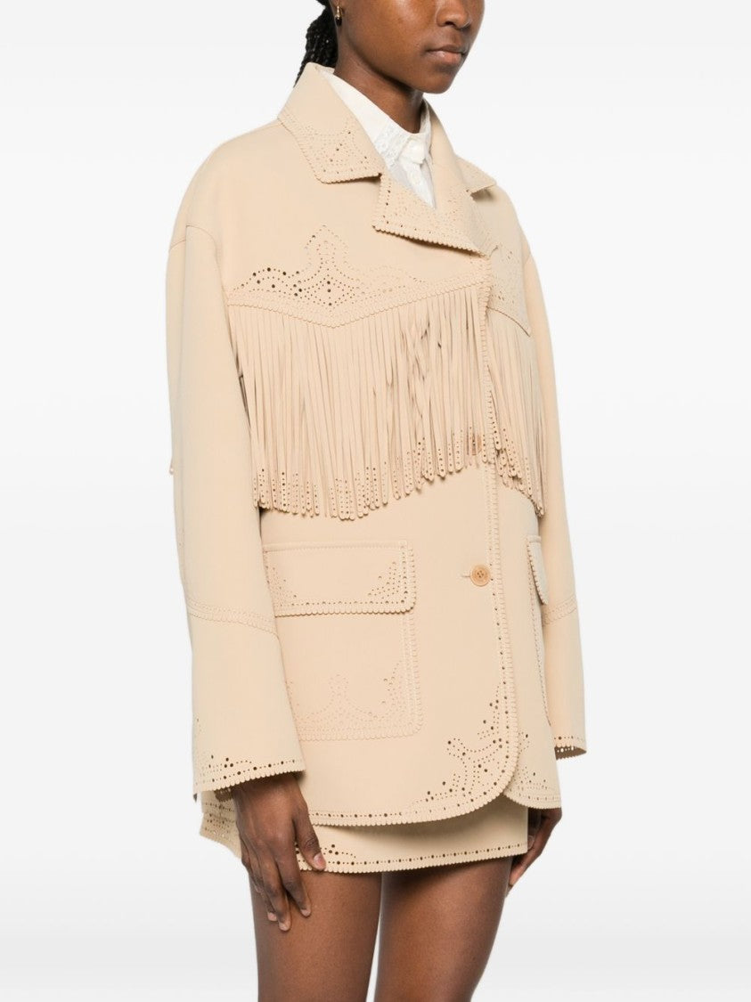 Ermanno Scervino Beige Relaxed-Fit Jacket With Decorative Fringe And Perforated Detailing