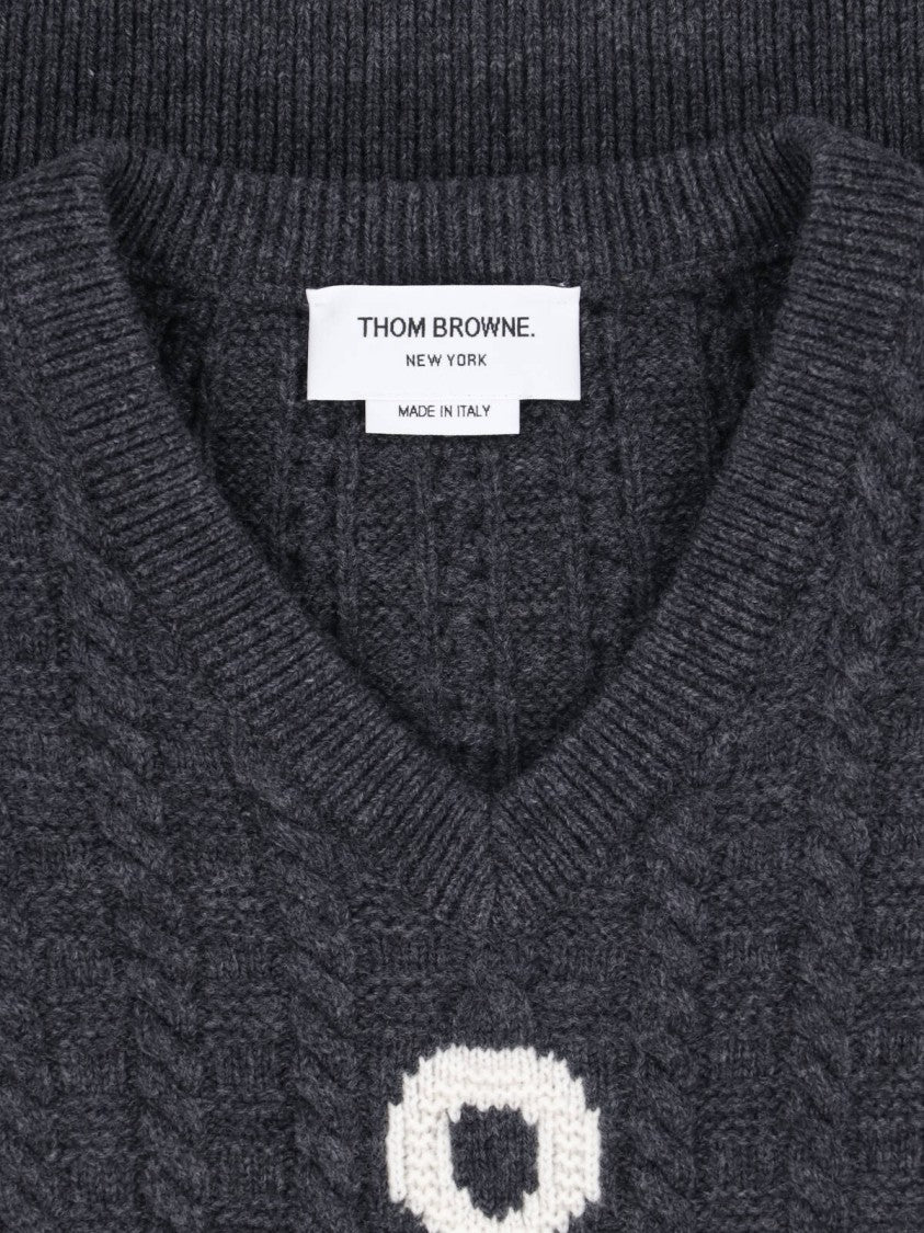 Thom Browne Dark Grey Cable-Knit Anchor Motif Cropped Sweater