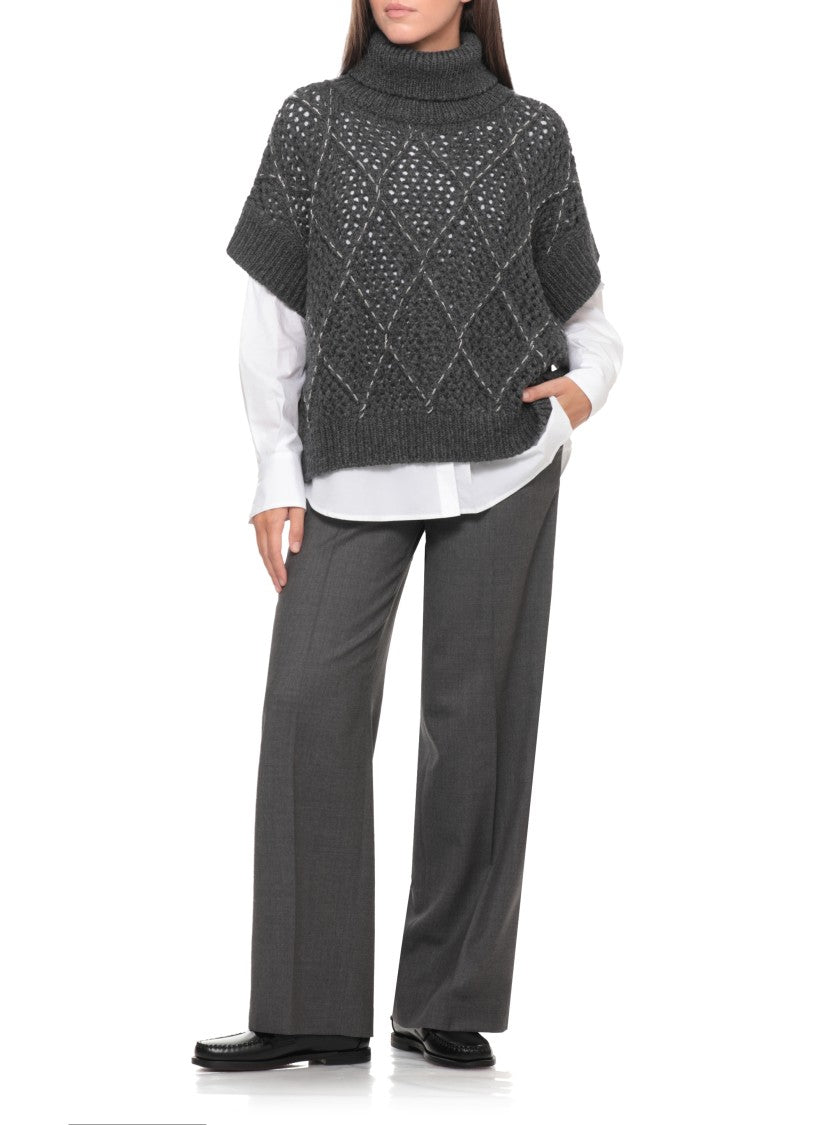 Peserico Grey Perforated Beaded High-Neck Cape
