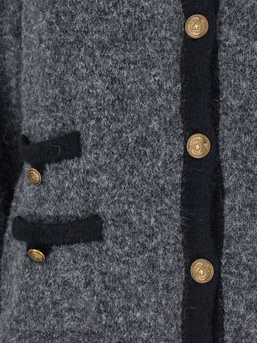 Semi Couture Textured Gray Cardigan With Contrasting Trim