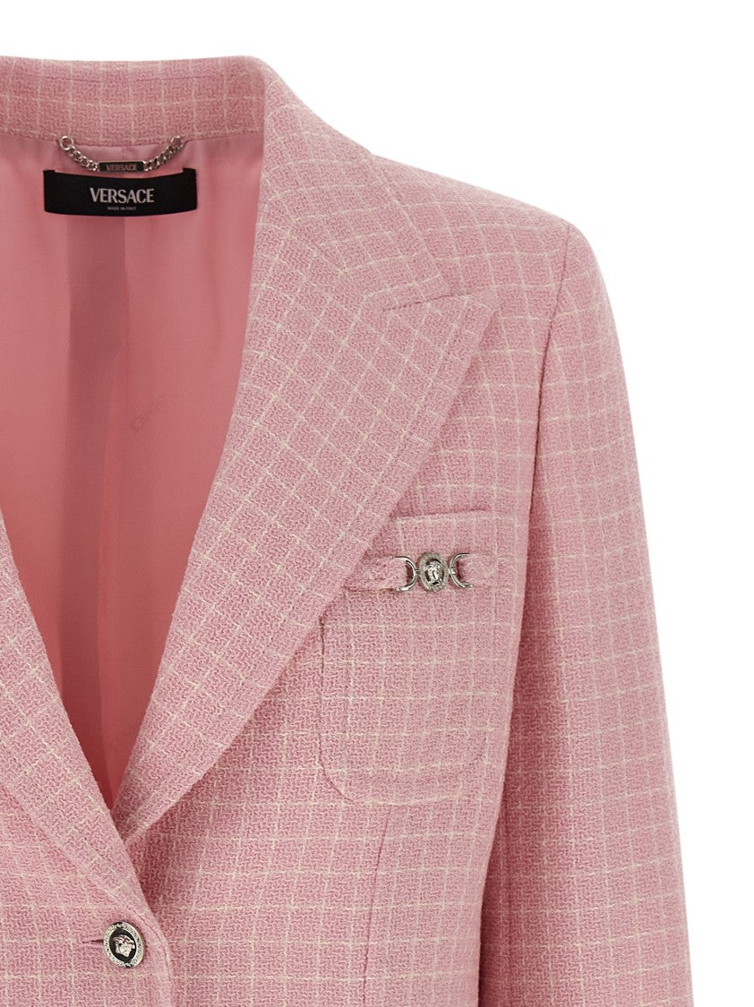 Versace Check Knit Wool Crêpe Blazer With Peak Lapels