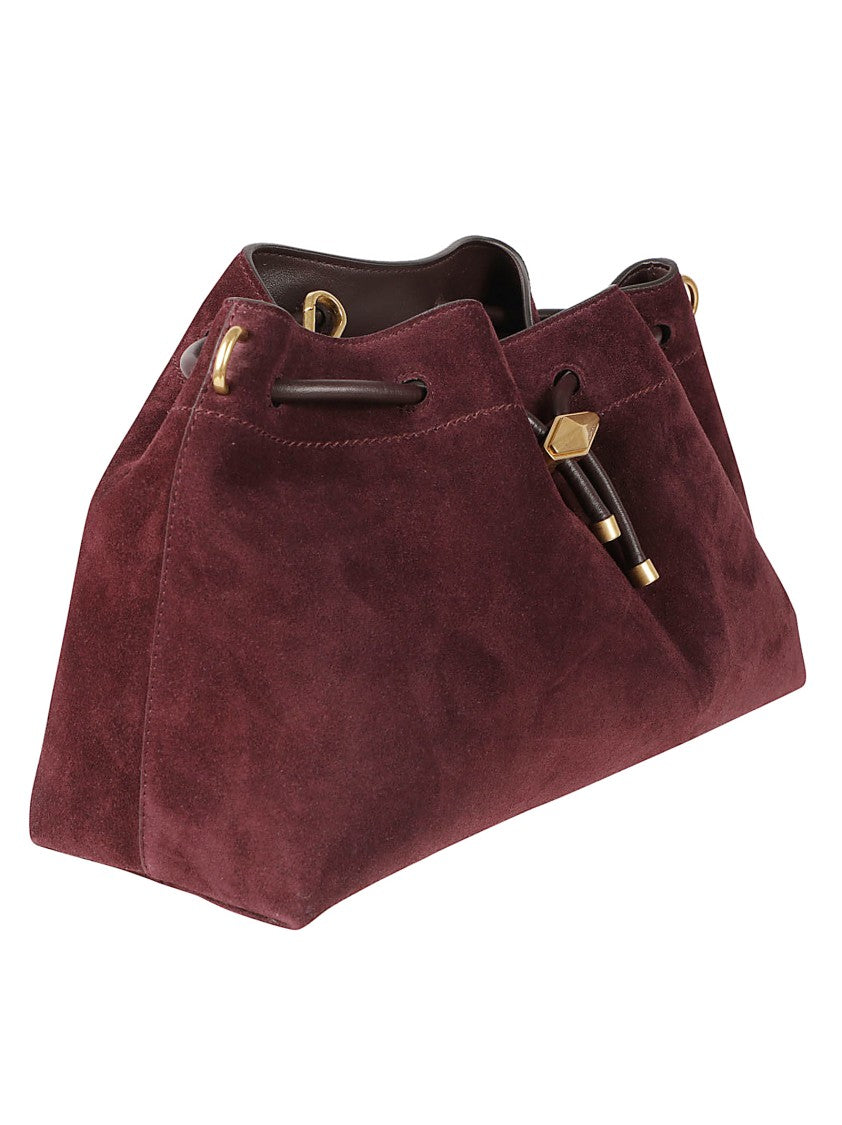 Jimmy Choo Burgundy Suede Handbag With Drawstring Closure And Brass Accents