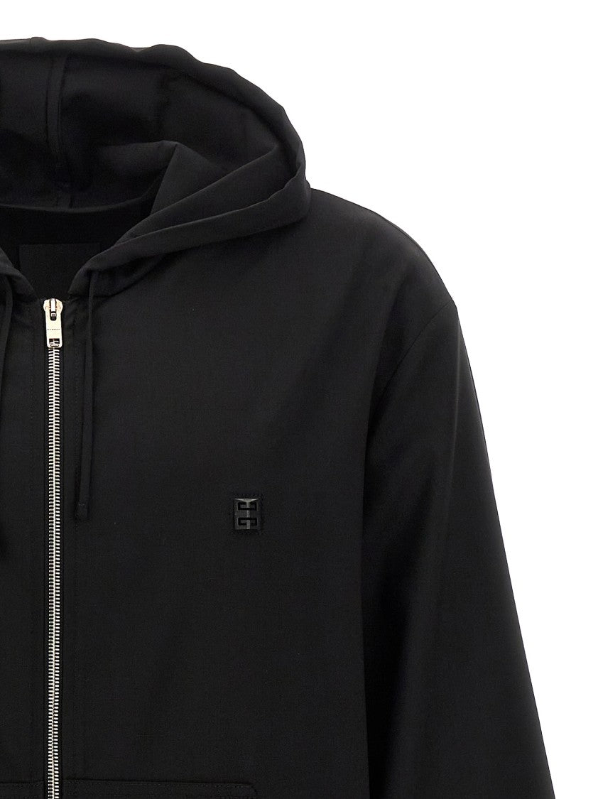 Givenchy Black Wool Hoodie With Front Logo Plaque And Zip Closure