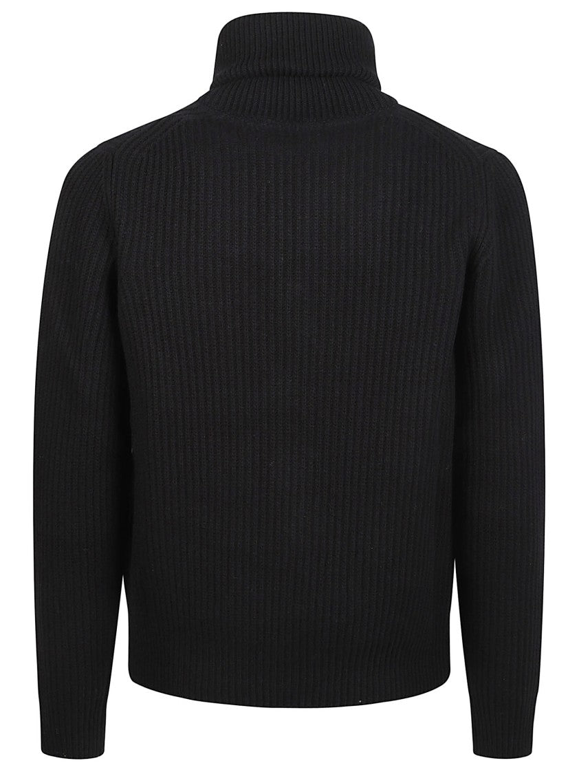 Moncler Tricot Virgin Wool Ribbed High Collar Half-Zip Sweater