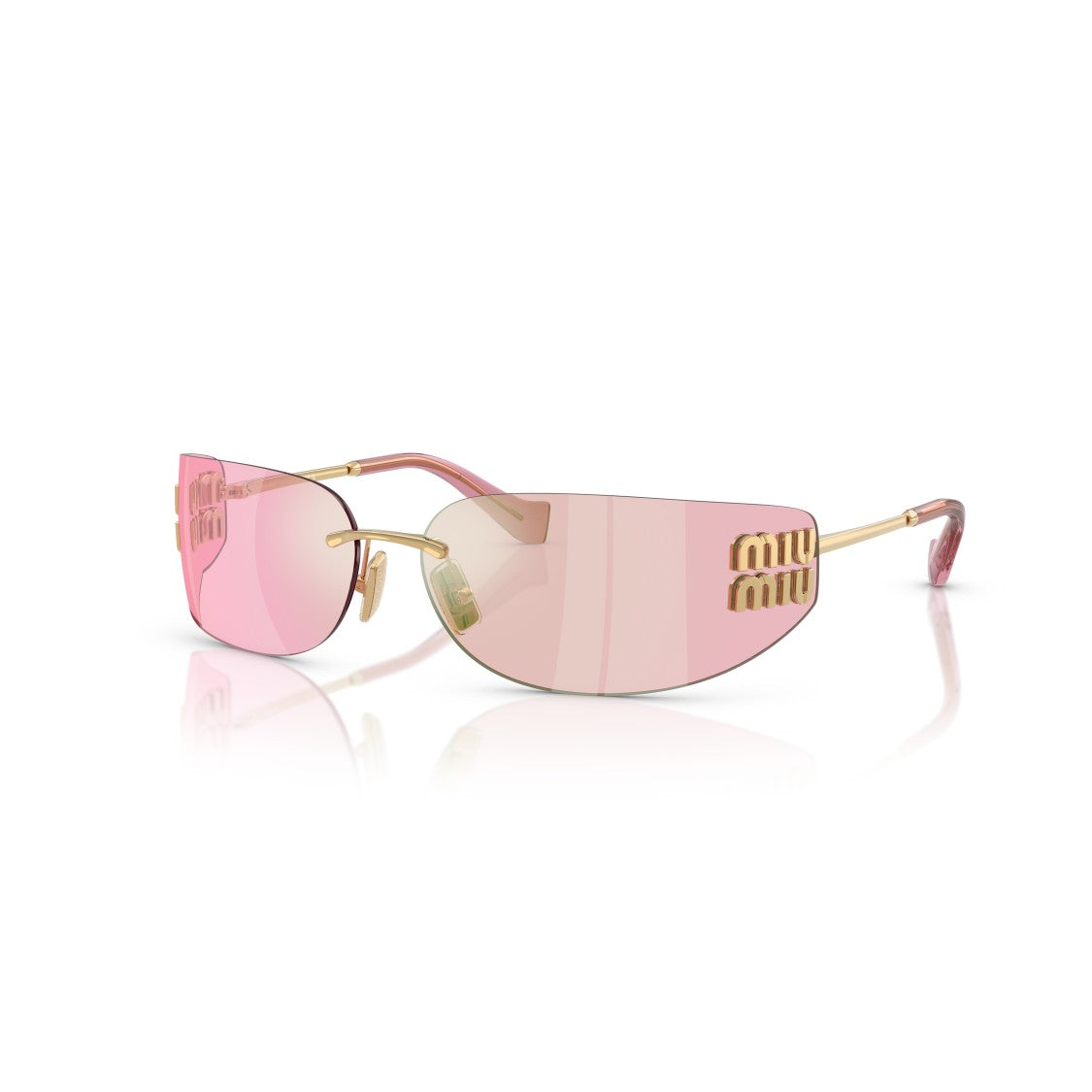 Miu Miu Rimless Rectangular Sunglasses With Gold-Toned Temples And Pink Lenses
