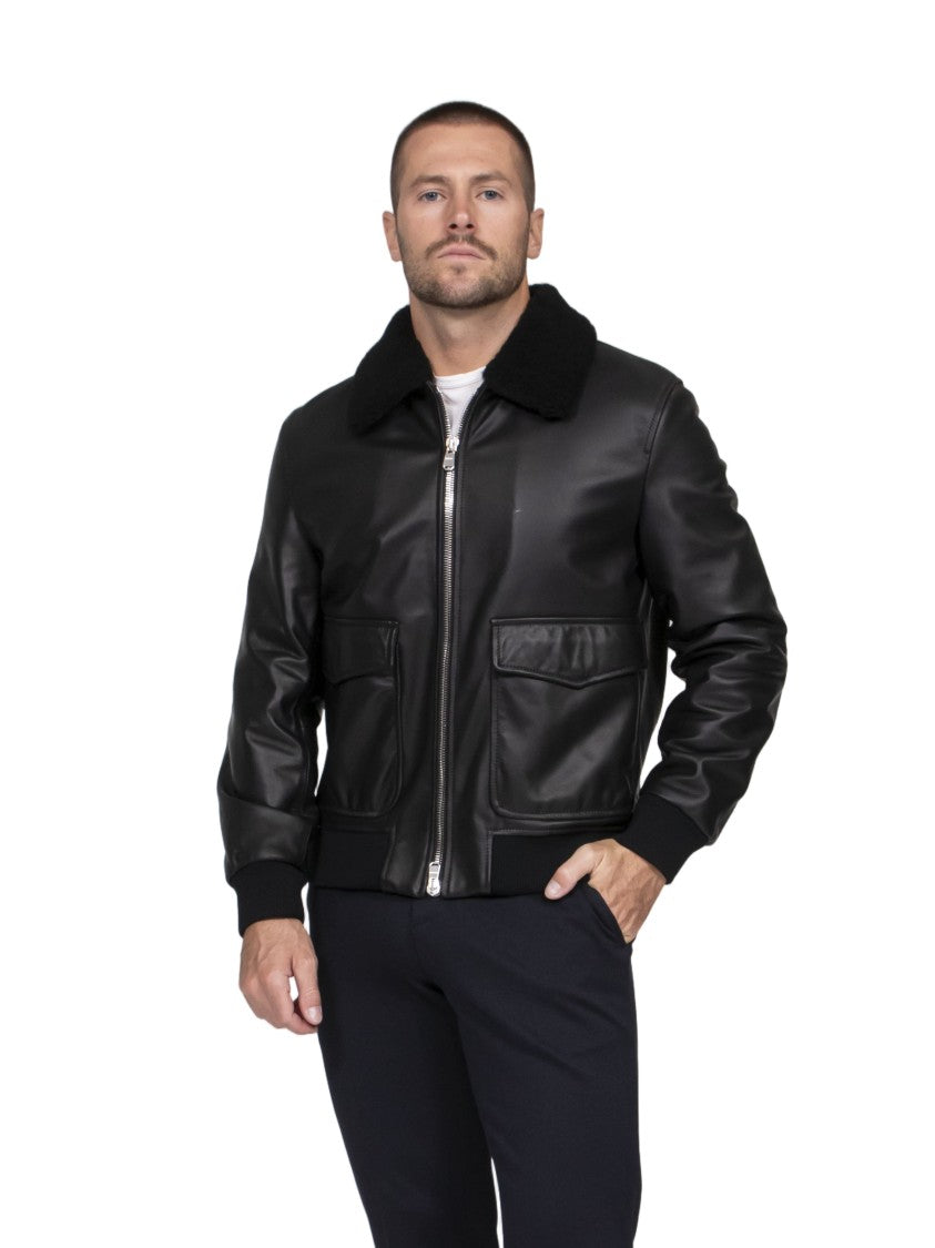 Dondup Black Leather Plush Collar Bomber Jacket