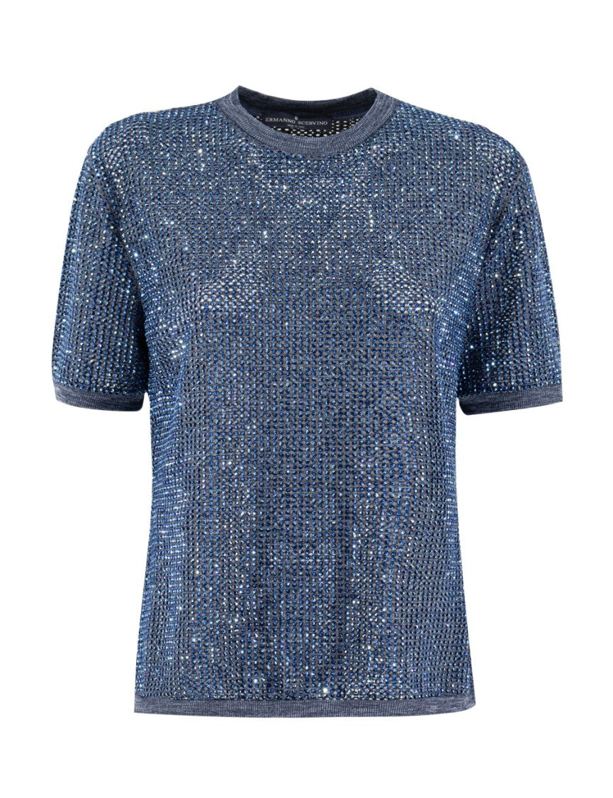 Ermanno Scervino Dark Denim Melange T-Shirt With Crystal Appliques