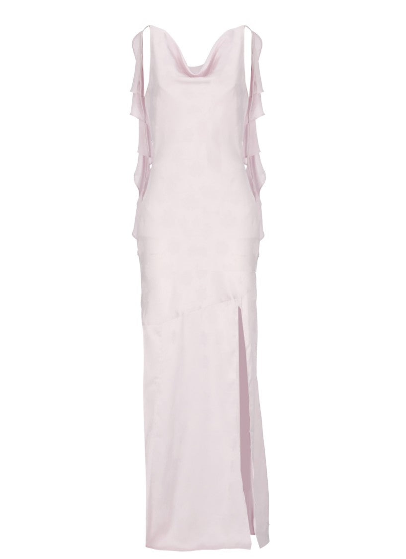 Rotate Maxi Waterfall Dress With Ruffled Details And Vent Hem