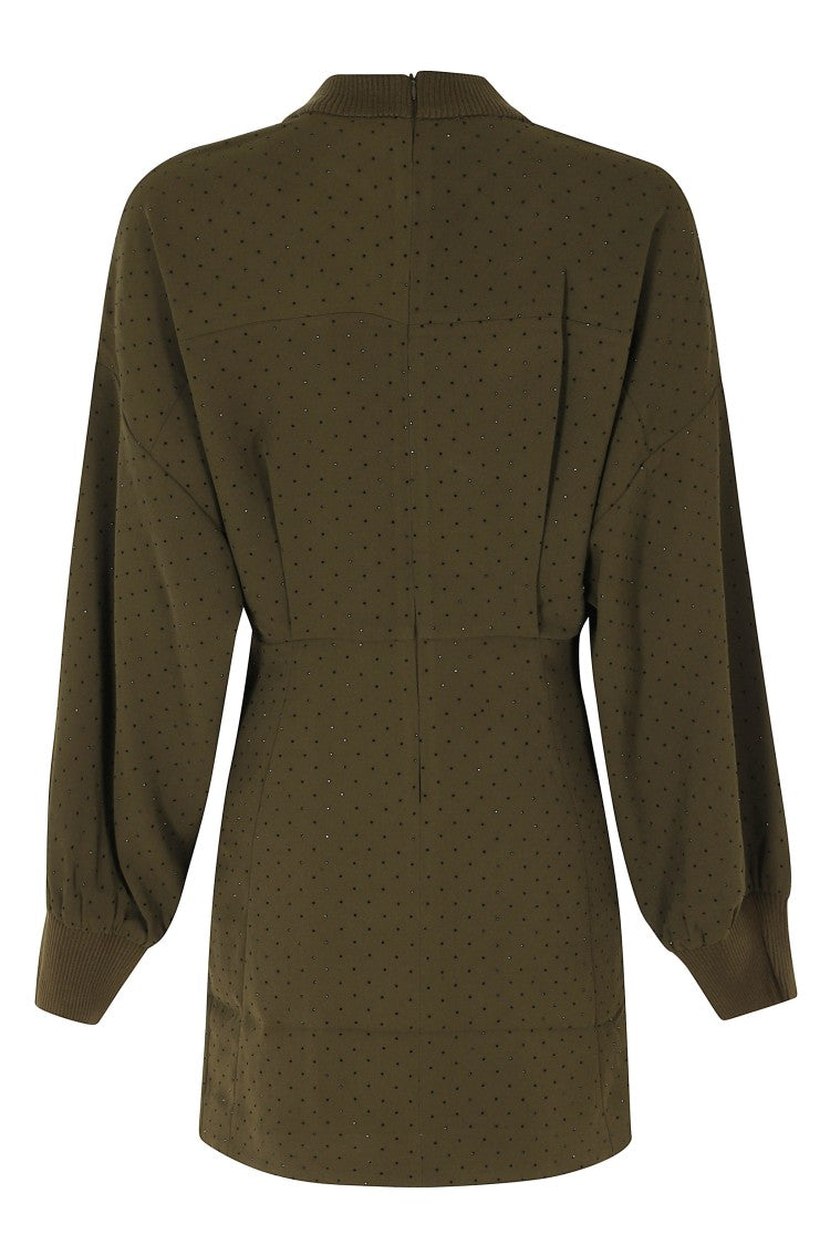 Essentiel Antwerp Dusty Green Rhinestone Puffed-Sleeve Mini Dress