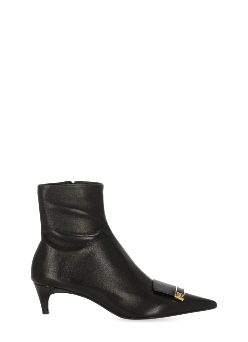 Sergio Rossi Smooth Black Leather Ankle Boot With Gold Front Plaque