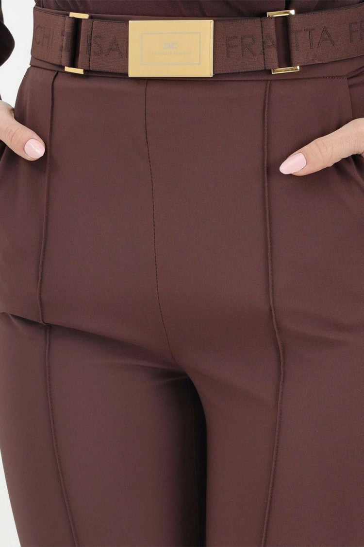 Elisabetta Franchi Brown Belted Gold Buckle Polyamide-Blend Flared Pants