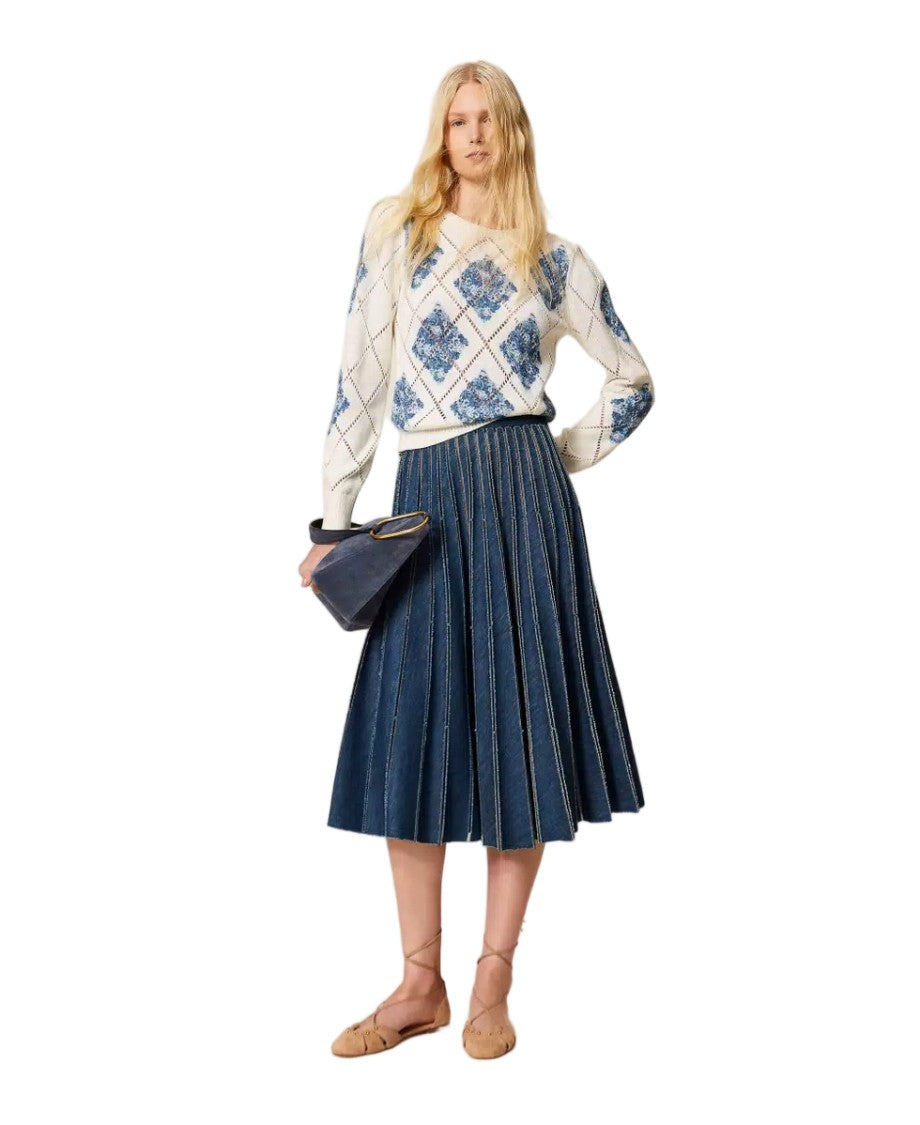 Twin-Set Pleated Denim Perforated Flared Maxi Skirt