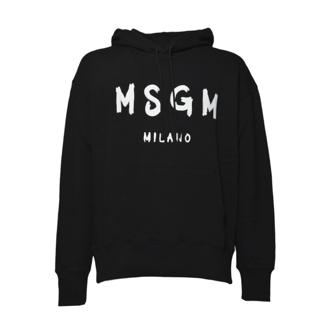 Msgm Black Cotton Hoodie With White Brush Logo Print