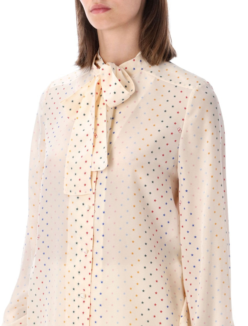 Valentino Garavani Multi Star Print Silk Bow Blouse