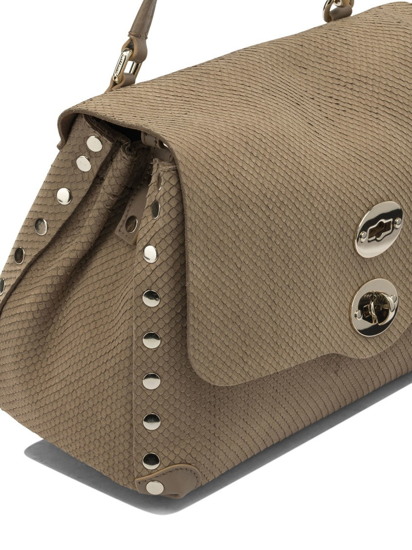 Zanellato Beige Suede Shoulder Bag With Structured Flap And Metallic Accents