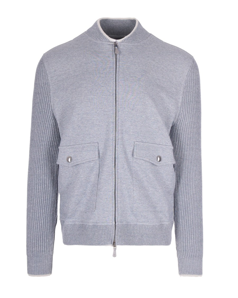 Eleventy High-Collar Casual Jacket With Textured Ribbed Sleeves