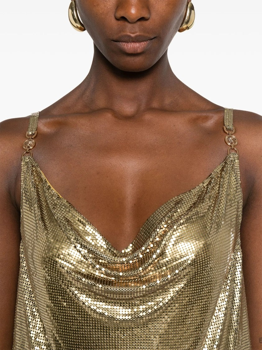 Versace Metallic Mesh Mini Dress With Draped Neckline