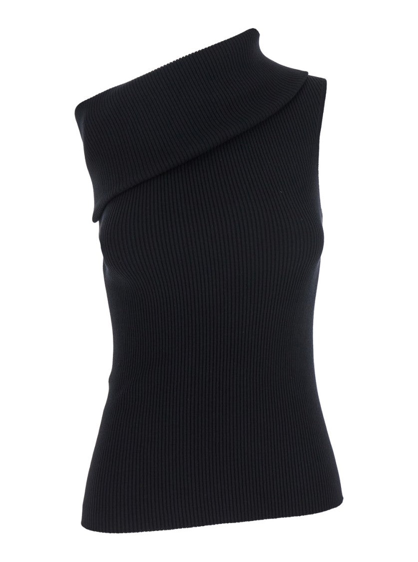 Rick Owens Athena' Black Ribbed Knit Asymmetric Top