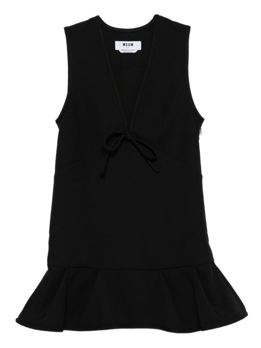 Msgm Sleeveless Black Dress With Deep V-Neckline And Tie Detail