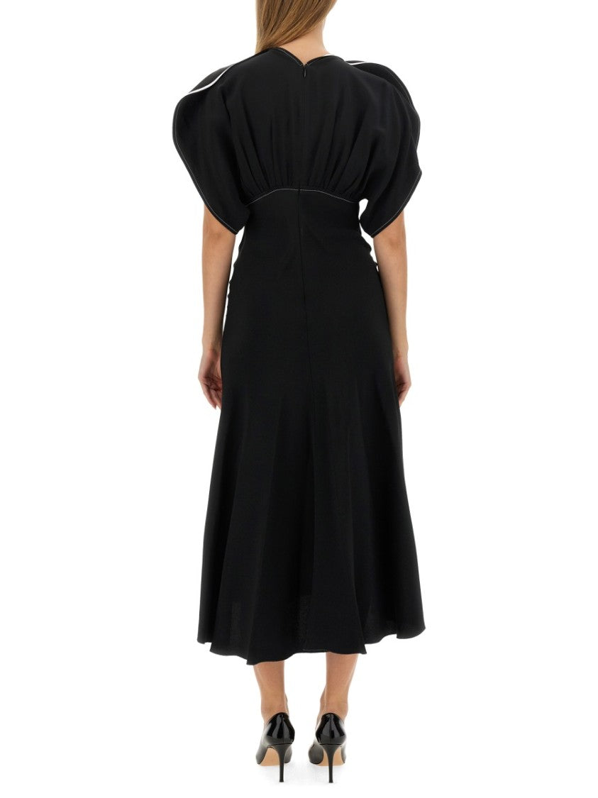 Victoria Beckham Fitted Midi Dress With Puff Sleeves And Piping