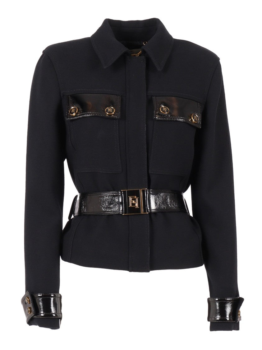 Elisabetta Franchi Belted Fitted Jacket With Glossy Accents