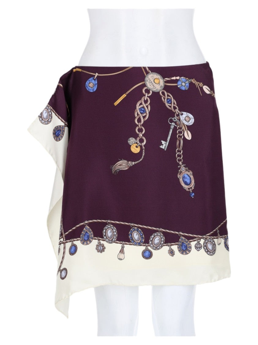 Versace Purple Ornamental Print Asymmetrical Silk Mini Skirt