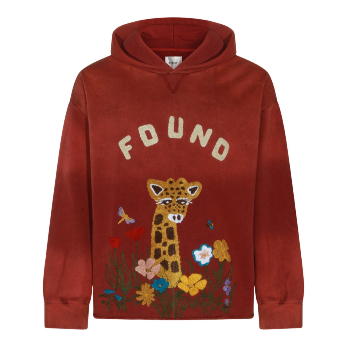 Found Rust-Red Hoodie With Playful Giraffe Embroidery And Textured Design