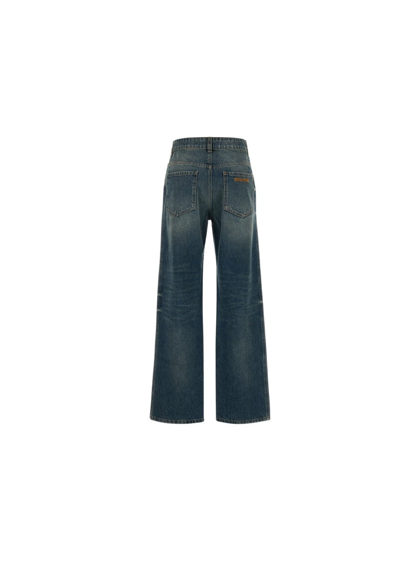 Miu Miu Wide-Leg Denim Pants With Embossed Logo Detail