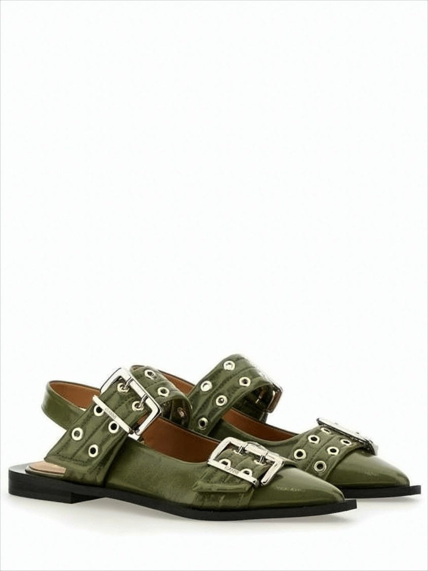 Ganni Glossy Olive Green Leather Flat Shoes With Buckle Detailing
