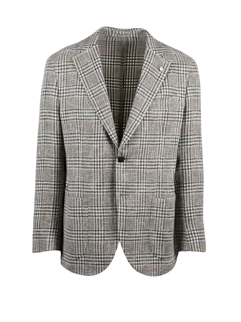 L.B.M. 1911 White Brown Checkered Unlined Cotton-Blend Blazer