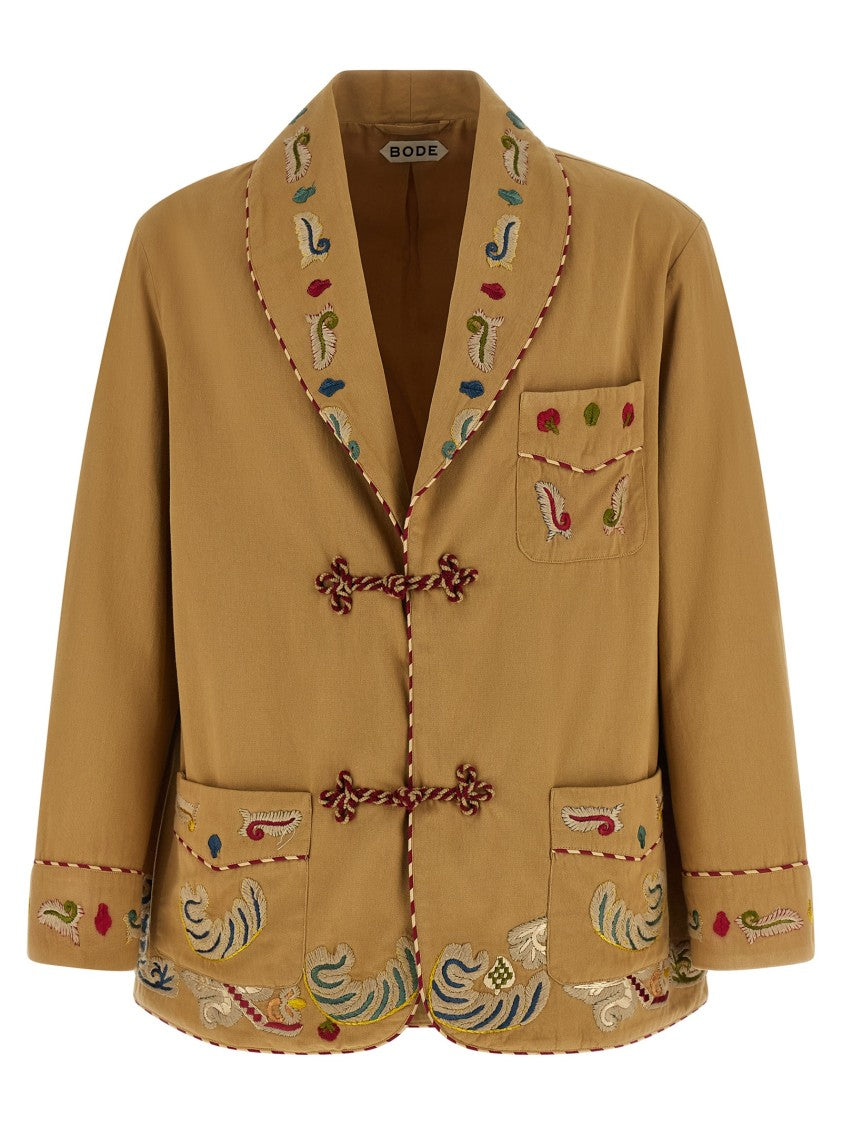 Bode Cotton Gabardine Blazer With Hand Embroidery And Shawl Collar