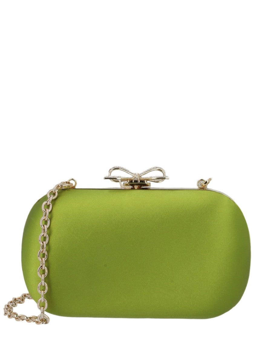 Self-Portrait Green Satin Bow Clasp Chain-Strap Polyester Clutch