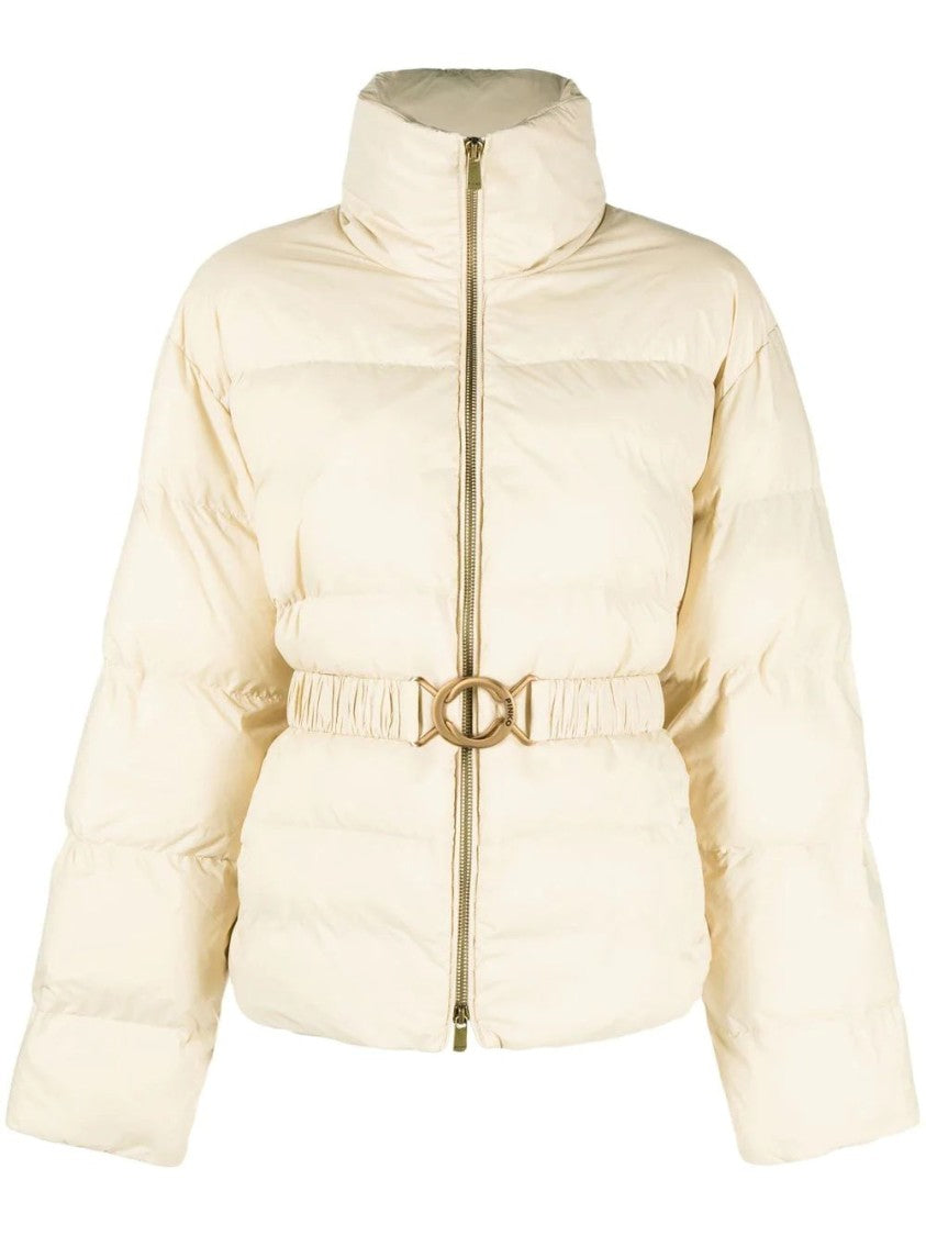 Pinko Quilted Puffer Jacket With Structured Silhouette And Decorative Belt