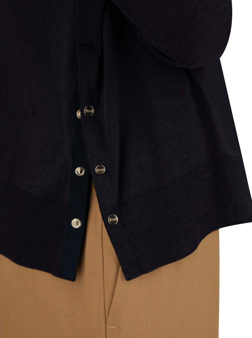Herno Cropped Blue Sweater With Snap Button Details