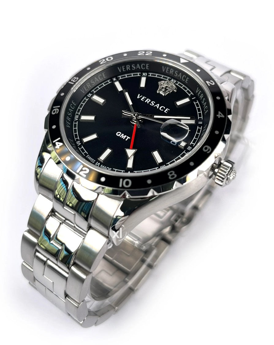 Versace Hellenyium Gmt Stainless Steel Watch With Black Dial And Sapphire Crystal