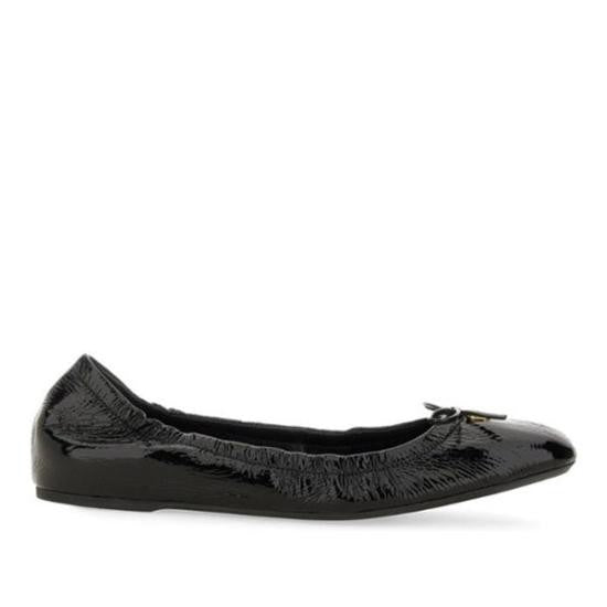 Valentino Glossy Black Leather Flats With Ruched Detailing And Bow Accent