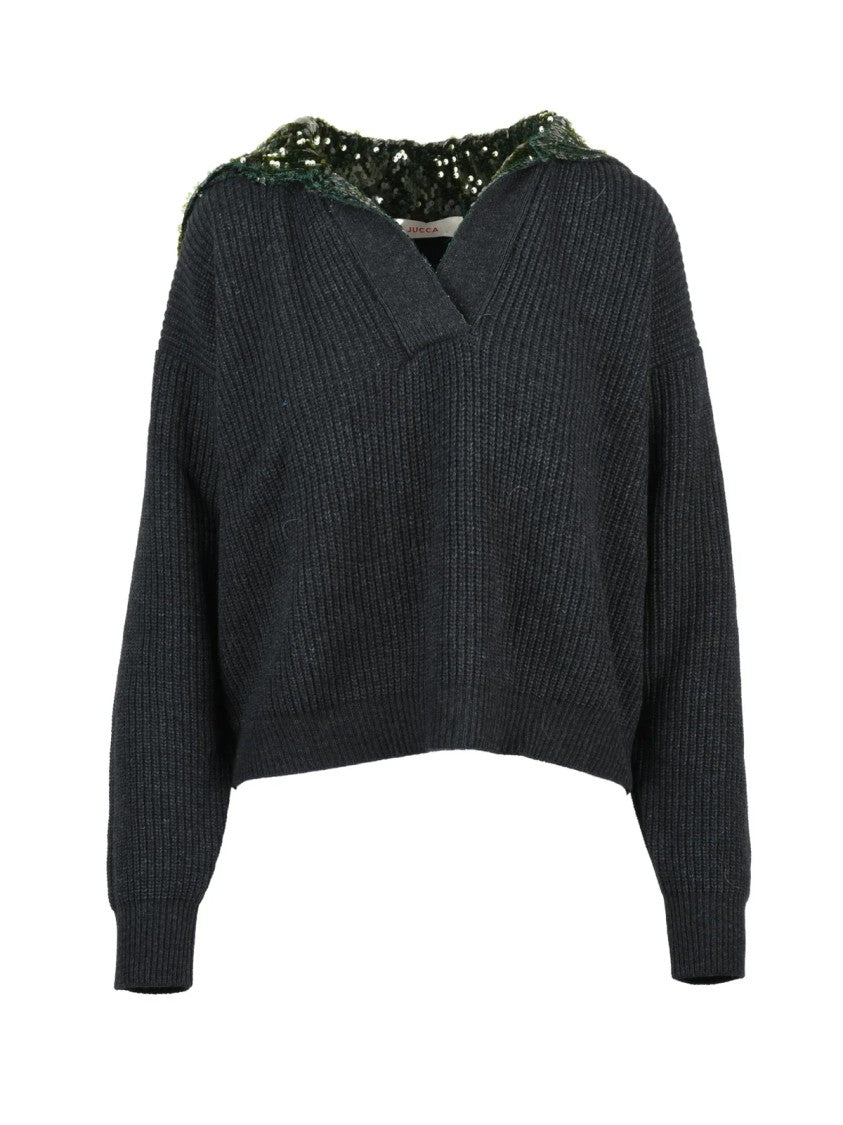 Jucca Polo Sweater With Sequin-Embellished Collar And Ribbed Knit Finish