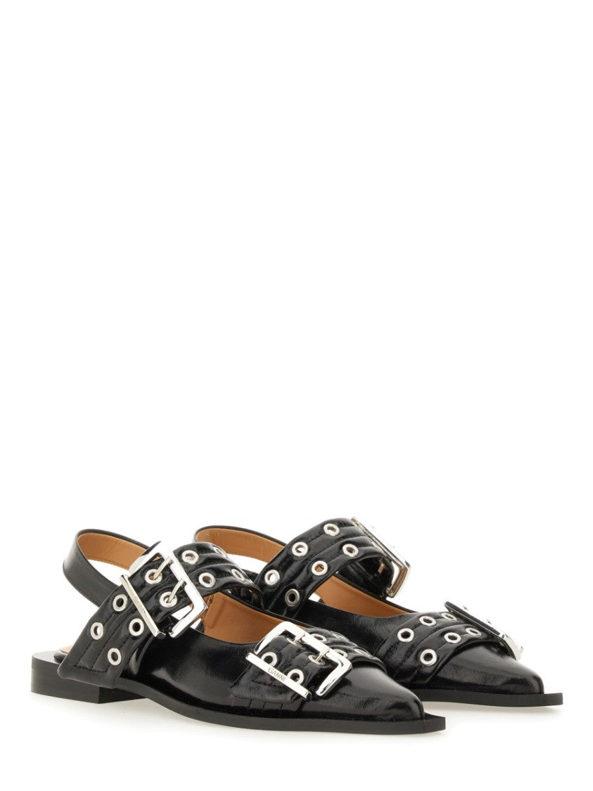 Ganni Pointed Toe Silver Buckle Polyester Flats