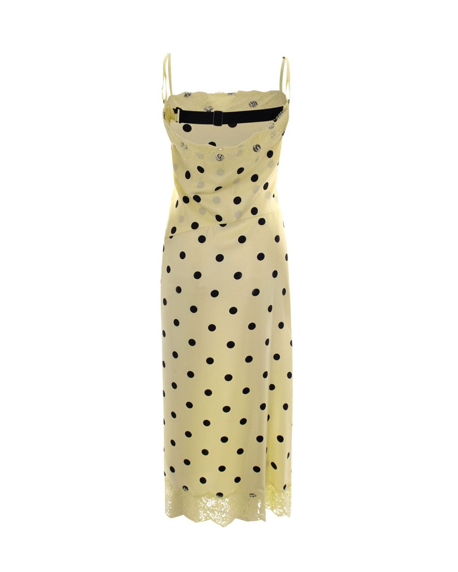 Sportmax Long Silk Twill Dress With Polka Dot Print And Lace Accents