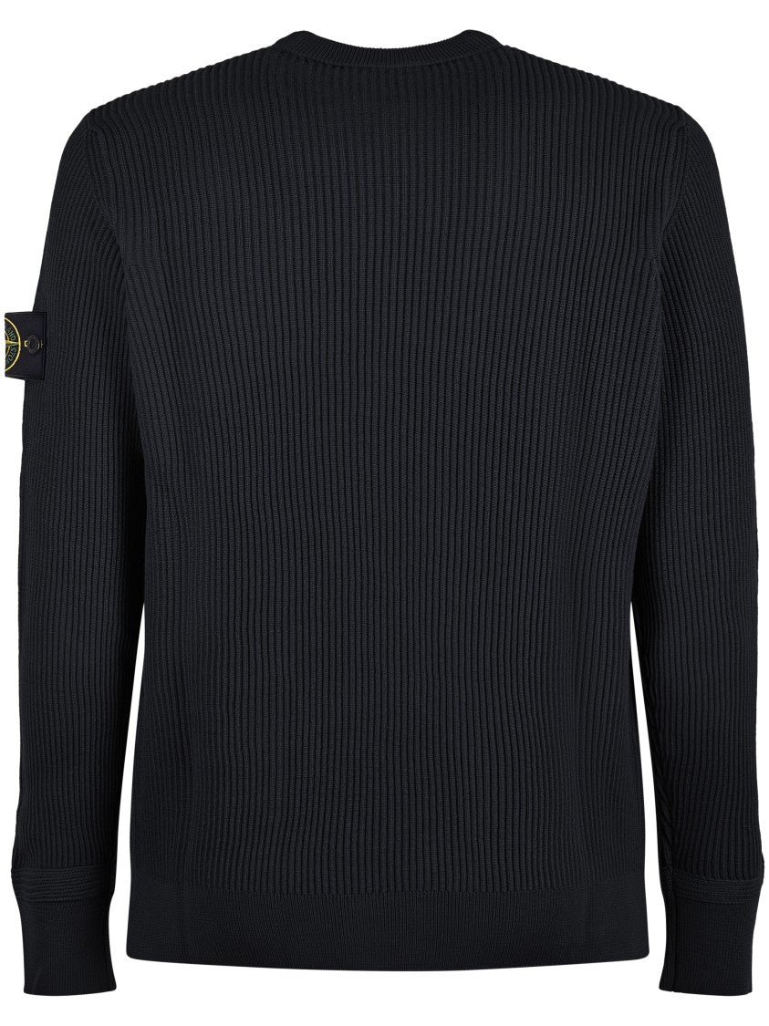 Stone Island Ribbed Knit Black Sweater With Logo Patch