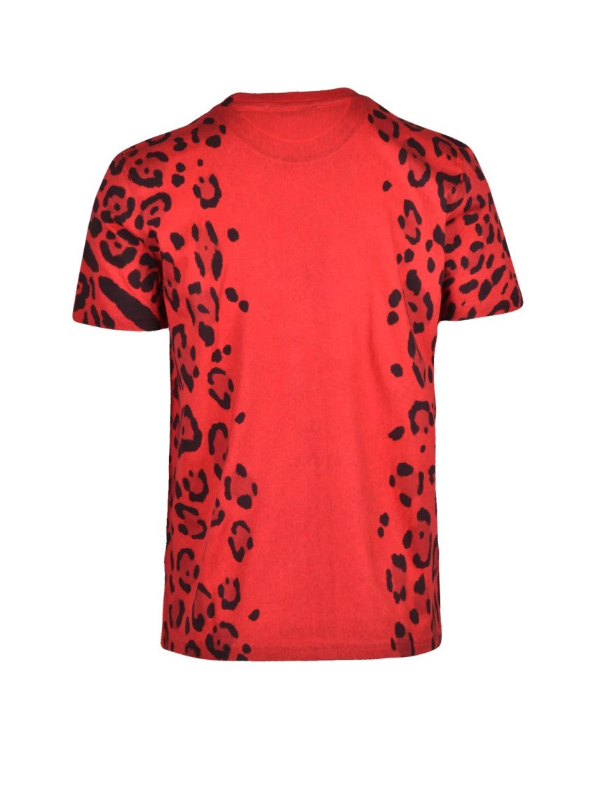 Dolce & Gabbana Red Black Leopard Print Detail Cotton T-Shirt