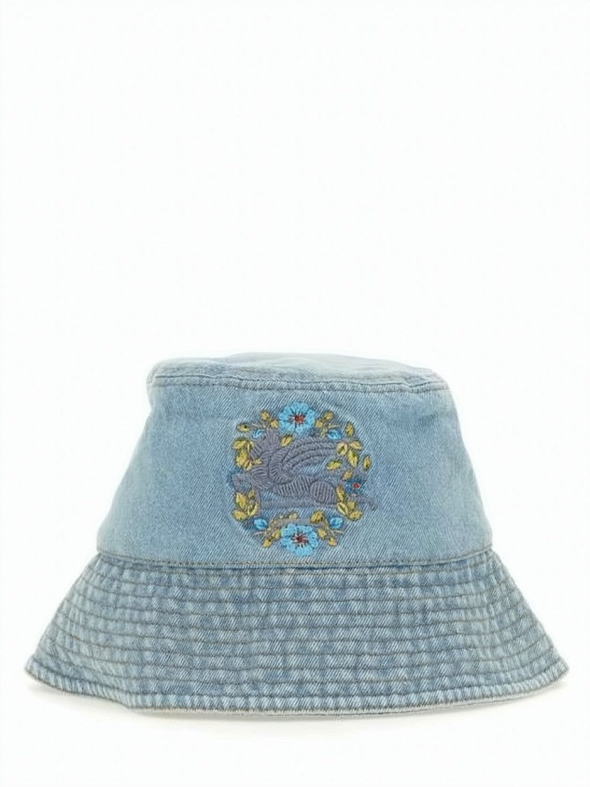 Etro Light Blue Denim Bucket Hat With Floral Embroidery