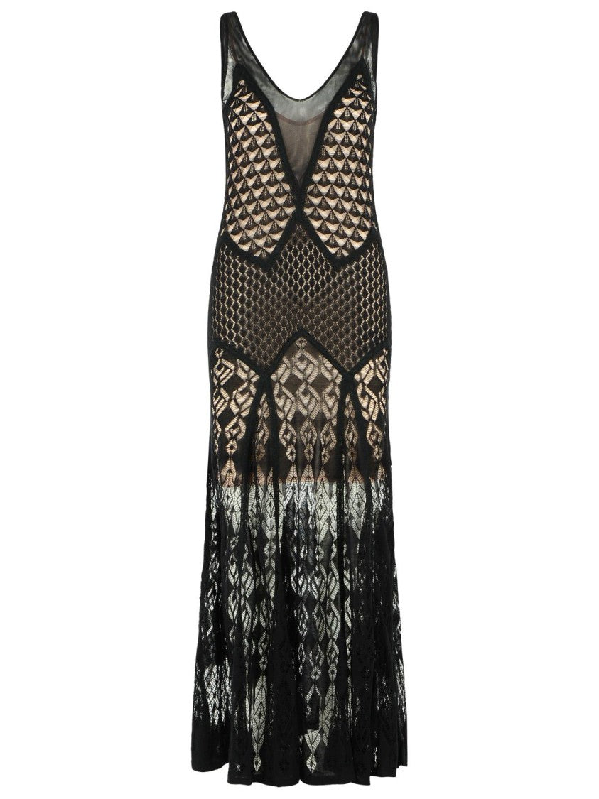 Blumarine Long Dress In Black Worked Cotton