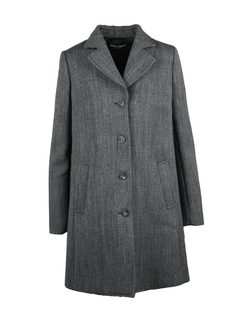 Dolce & Gabbana Flared Grey Coat With Button Closure And Textured Fabric